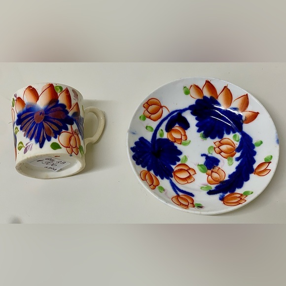 19th Century Antique Gaudy Welsh Grape Pattern Miniature Child’s Mug & Saucer - Picture 7 of 12